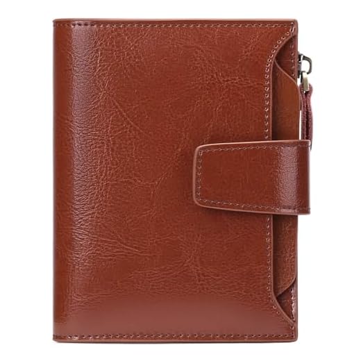 GOIACII Carteira feminina pequena, de couro legítimo, bloqueio de RFID, dobrável, bolso com zíper, porta-cartões com janela para identidade, A05 cera marrom, Minimalista