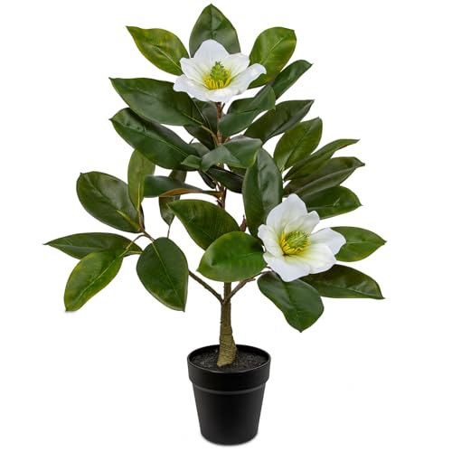 Briful Artificial Magnolia Flower Tree in Black Pot &ndash; 26.3in Tall Faux Magnolia Plant with...