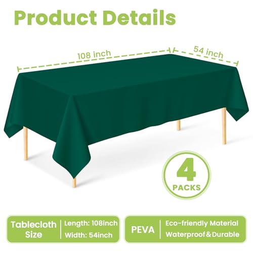 Image of Mulbozy Dark Green Plastic Table Cloth Disposable 4 Pack, 54 x 108 Inch Tablecloths Rectangle, Green Plastic Table Cover for Party Decor