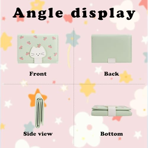 Small Ladies Wallet, Creative Cat Snap Cute Wallets for Women PU Leather Credit Card Holder Slim Trifold Wallet with ID Window for Ladies (Green)3