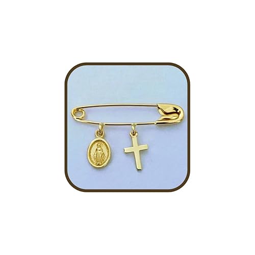 Miniatura 1 de 14k Yellow Gold Baby Safety Pin with Cross & Virgin Mary CharmsChristeningBaptismNOT Gold Filled NOT Gold Plated