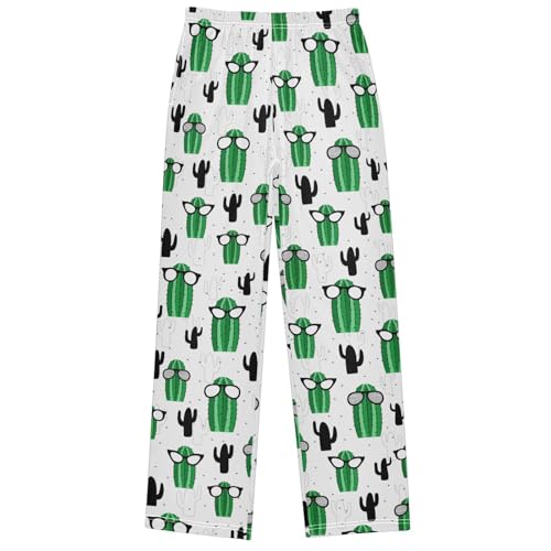 Boy's Lounge Pants Green Cacti with Sunglasses Kids Jogger Pants Elastic Waist Long Bottoms with Pockets 6-14 Years