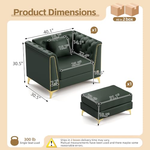 Image of KEIKI 40 inch Faux Leather Chesterfield Sofa with Handmade Button Tufted, Green | Luxury Modern 1-Seater Couch with Metal Trim Armrests & High Resilience Cushion & 1 Ottoman & 1 Pillow, for Living Room