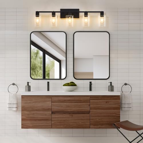 Image of 5 Light Vanity Lights for Bathroom, Black Bathroom Vanity Light, Large Vanity Light Fixtures, Bathroom Lighting Fixtures Over Mirror, Vanity Lights with Clear Glass for Bathrrom