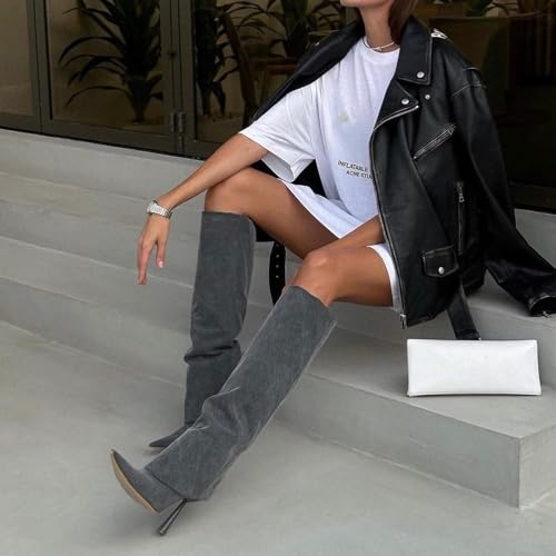 Women's Leather Knee High Boots Fold Over Long Boots For Women Pointed Toe Stiletto Heel Dress Boot For Ladies Nude 5