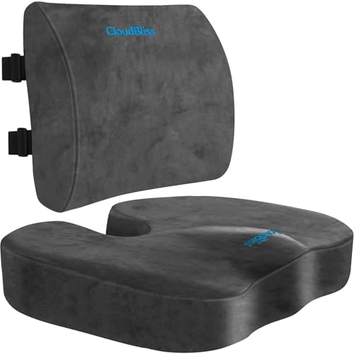 Image of CloudBliss Lumbar Support Pillow & Seat Cushion Set for Office Chair, Desk Chair, Wheelchair & Car-Memory Foam Back Support, Ergonomic Chair Cushions,Sciatica Pain Relief,Home Essentials(Grey,XL)