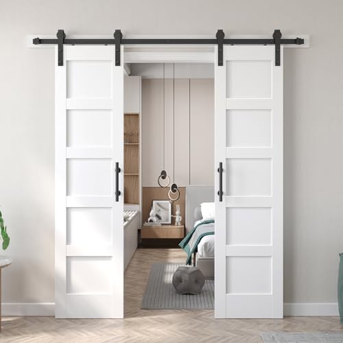 Fredbeck Double 21inx84in White Barn Door and 7FT Sliding Barn Door Hardware Kit Included,Solid,MDF, PVC Surface,DIY Assembly,5-Panel,Fit 38in-41in Opening