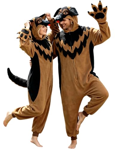MAMHSABC Unisex Erwachsene Deutscher Schäferhund Einteiler Tier Cosplay Einteiler Pyjama Weihnachten Halloween Kostüm Nachtwäsche für Frauen, Einteiler mit Deutschem Schäferhund, M