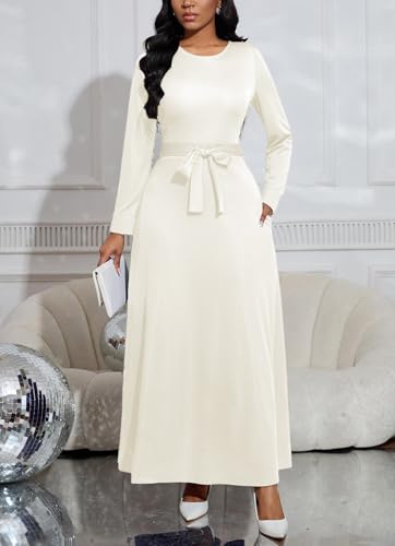 Image of BubFee Long Dress for Women Casual Long Sleeve Dresses Maxi Dress Empire Waist Loose with Belt