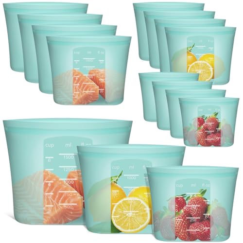 Annaklin Reusable Food Bags, 12 Pack 100% Silicone Food Storage Bags Stand Up Zip Lock...