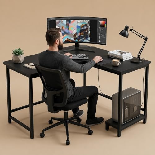 Image of L Shaped Computer Desk for Home Office | Multi-Purpose Study Table & Gaming | Engineered Wood Corner Workstation for Laptop & PC | Space Saving Desk | Black | 130X50X75cm