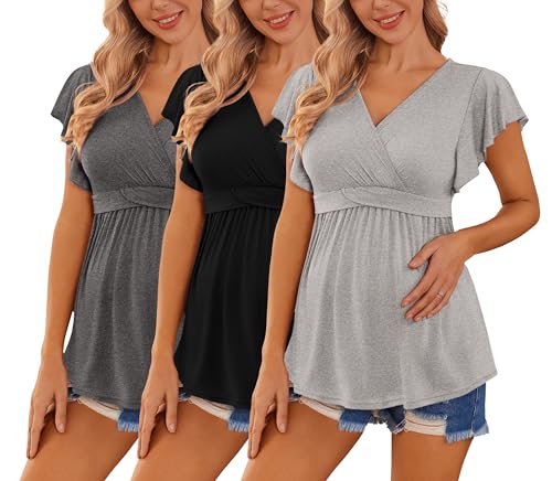Image of Ekouaer Maternity Shirts 3 Packs Flying Short Sleeve Nursing Tops Pregnancy Clothes