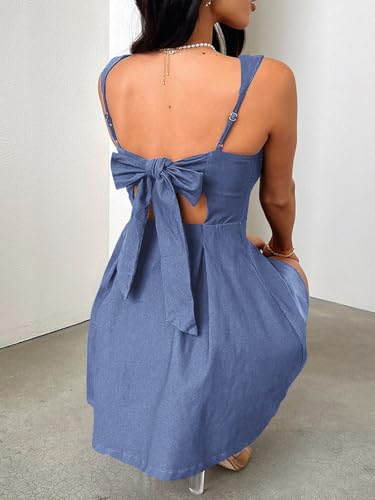 Image of Womens Summer Mini Dress Square Neck Sleeveless Going Out Dress Back Bow A-line HOCO Open Back Short Dress