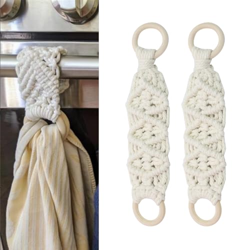 Crapyt 2 PCS Hanging Kitchen Towels Ring Crochet Hanging Dish Towel Kitchen Towels with Hanging Loop Dish Towel Holder Tea Towel Holder White 10.43