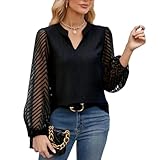 viiotu Damen Chiffon Bluse Langarm mit V Ausschnitt & Spitzenärmeln, Elegante Weiße Moderne Bluse für Business, Freizeit, Party (DE/NL/SE/PL, Alphanumerisch, XXL, Regular, Regular, Schwarz)