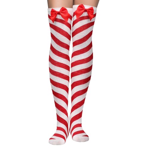 CHEERYMAGIC Christmas Thigh High Socks, Red and White Stripe Knee High Socks with Bows Long Tube Stockings for Women Girls Xmas Halloween Valentine\'s Day Favors A4XWCTW(Red)