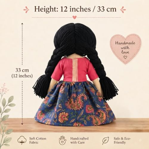 Image of Handcrafted Indian Rag Doll Set, Stitch Soft Toy Doll for Kids, Soft Cotton Fabric Yarn Cloth Doll, Traditional South Indian Soft Toys (Pink and Blue, Pink with Blue Floral)
