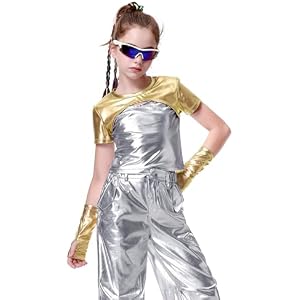 LOLANTA Girls Metallic Shirts with Arm Sleeves Shiny K-pop Dance Costumes