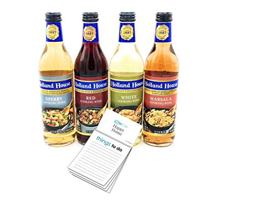 Holland House Cooking Wine 13.1 Oz Bottle (Pack Of 4 Sampler Pack) - 1 Each Of Red White Marsala & Sherry With Happy Home Notepad #TOP21