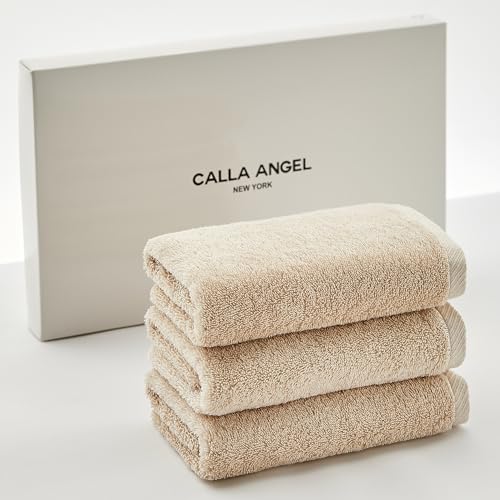 Calla Angel New York【エジプト超長綿GIZA86 100%】高級フェイスタオル 3枚組 高吸水 柔らかい 甘撚り 厚手 無地 上質コットン OEKO-TEX認証 ホテル仕様 ギフト 白箱入り 〔約35×80cm〕ベージュ