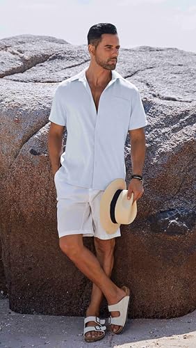 Image of COOFANDY Men's Button Down Shirts Short Sleeve Casual Shirts Summer Beach Linen Shirts with Pocket