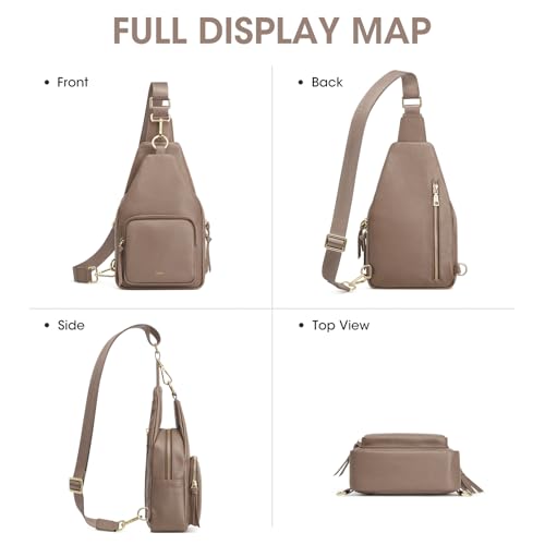 Image of Kattee Small Leather Sling Bag for Women with RFID Blocking,Khaki | Top grain pebbled leather with RFID blocking, multiple pockets, and a convertible strap for travel.