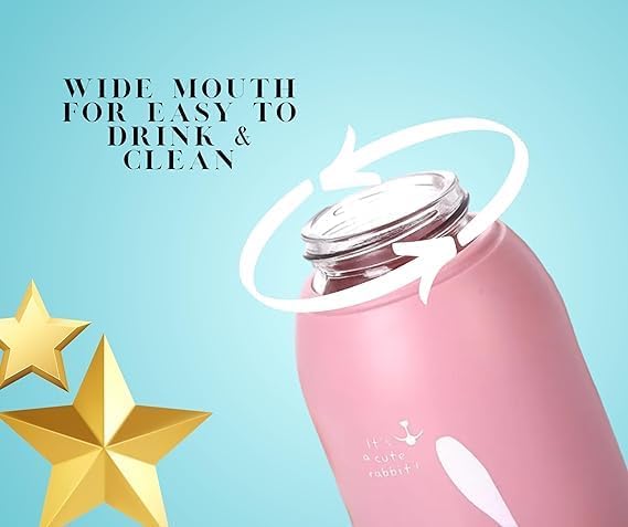 Image of Rabbit Design Cartoon Kids Bottle 330 ML Set of 2 | Cute Printed School Bottle with Handle | Compact Portable Bottle for School Travel Return Gift (Pack of 2)