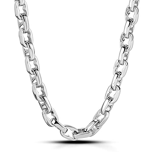 Solid 925 Sterling Silver 9MM Oval Link Chain Rolo Cable Two Locks Necklace T/O Clasp 22