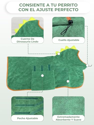 Miniatura 3 de Bibykivn Albornoz Para Perros Con Velcro, Albornoz Para Perro De Microfibra Absorbente Dinosaurio, Albornoz Absorbente Para Perros Para Secar Después Del Baño Y La Natación Verde, M