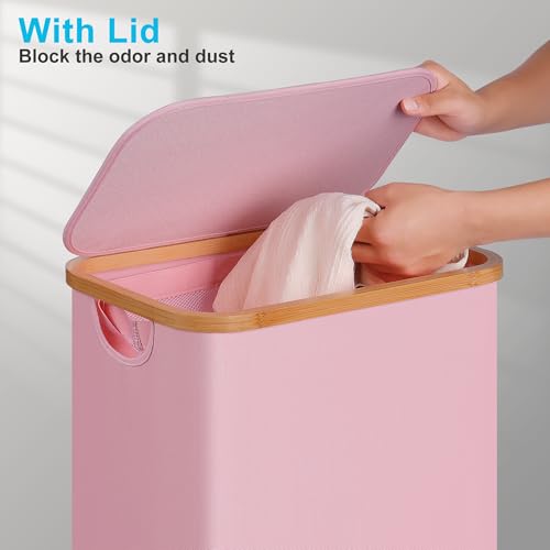 Image of efluky Slim Laundry Basket with Wheels, Narrow Rolling Laundry Hamper with Lid and Removable Bag, Tall Aesthetic Dirty Clothes Hamper on Wheels for Laundry Room, Bedroom, Dorm and Bathroom, 75L Pink
