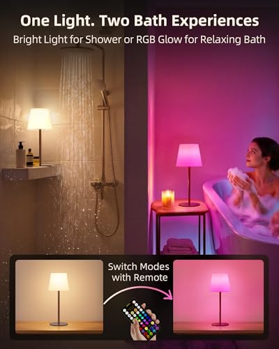 Image of EZVALO Spa-Like RGB Shower Lamp - Waterproof Bathroom Lamp with Remote, Rechargeable Cordless Mood Light, 3 Color Temps & 80 RGB Colors for Relaxing Bathroom & Bathtub Experience (1 Pack)