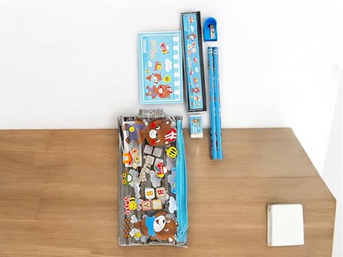 Image of Kids School 7-Piece Stationery Set (Pack of 2) | Pencil Case | Kids Design | Sky Blue | Boys & Girls | Age 4-12