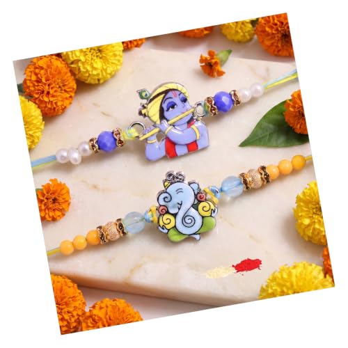 Image of TIED RIBBONS Rakhi for Kids - Krishna & Ganesha Kids Rakhis Set of 2 with Tikka - Kid Rakhi for Brother - for Rakshabandhan Combo Set