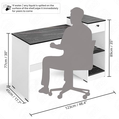 Image of ABOUT SPACE Study Table with Drawer - Computer Table with Bottom Storage Space DIY Engineered Wood Office Desk with 2 Adjustable Shelves for PC Laptop (White, Black Marble - L 123 x B 45 x H 89 cm)