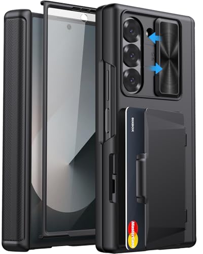 SIXBOX for Samsung Galaxy Z Fold 6 Case with Card Holder & Slide Camera Cover, Built-in Screen Protector & Hinge Protection, Shockproof Durable Wallet Phone Cover Case for Galaxy Z Fold 6 2024, Black