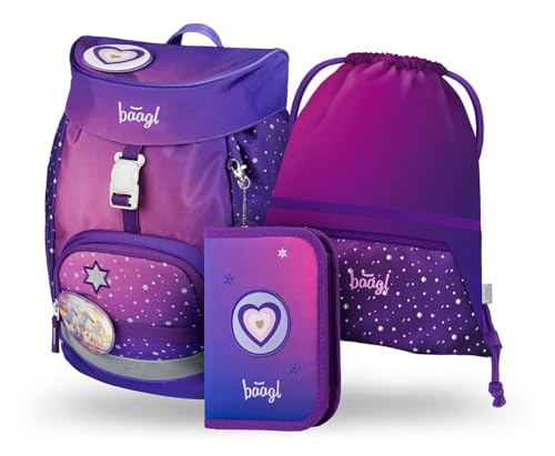 Baagl Schulranzen Jungen für 1. Klasse, Airy Schultasche Set 3-Teilig, Grundschule Schulrucksack für Kinder, Ranzen für Schule, Tornister (Pferd Herz)