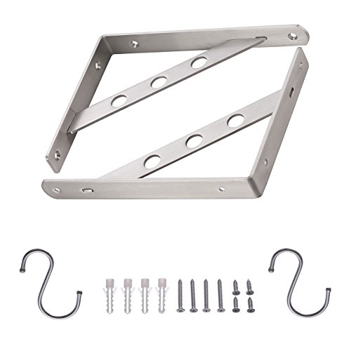Image of YUMORE 10 Inch Shelf Bracket, Heavy Duty L Bracket with 2 S Hook, 2 Pack | Stainless Steel, 330 LB Load Capacity, 4mm Thick Brace, Hanging Hole Design, Easy Installation, Indoor & Outdoor Use