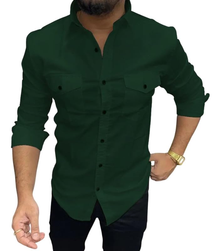 Image of DEELMO Men's Classic Cotton Blend Slim Fit Shirt || Full Sleeve Button-Down Casual Shirt with Dual Flap Pockets || Soft Breathable Fabric || Ideal for Office Party and Everyday Wear