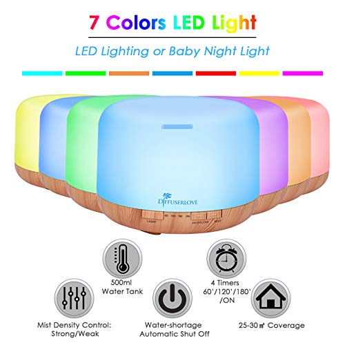 Diffuserlove Essential Oil Diffuser 500ML Remote Control Aromatherapy Diffuser Cool Mist Humidifiers 7 LED Night Light for Home Office SPA Yellow - Image 3
