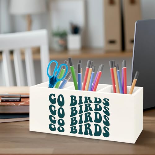 Image of Football Fan Gifts Wooden Pen Pencil Holder for Office Desk Accessories, Gifts for Football Lovers Players, Go Birds Makeup Brush Toothbrush Holder Organizer