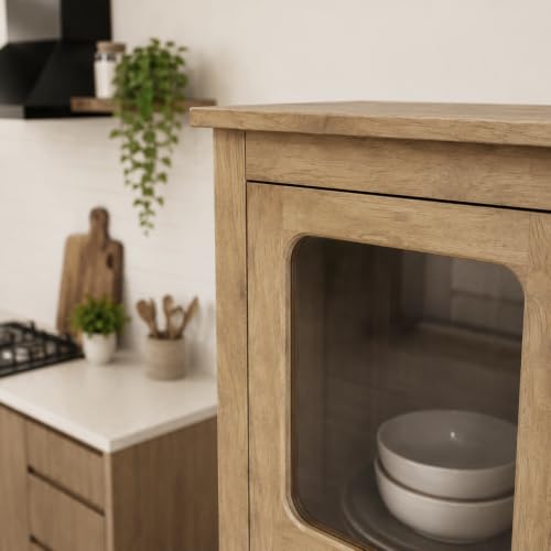 Image of The Attic Crestwood 2 Door Kitchen Cabinet, Multipurpose Cabinet for Bedroom Living Room Study bar, Solid Wood Bookshelf Kitchen Cabinet, Light Teak Matte Finish Glass