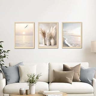 3Pcs Cadre en bois Impression sur Toile Plage Côtière Vague de Mer Tableau Peinture Boho Herbe de la Pampa Océan Tableau Decoration Murale Salon Chambre Maison 90x40cm(12"x16"x3pcs) (Pas de plexiglas)