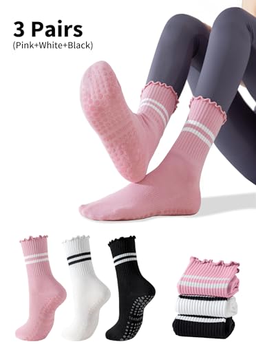 Yawlsow Pilates Socks for Women Cute Ruffle Yoga Socks Frilly Barre Non Skid Athletic Crew Grip Sticky Socks Workout Hospital2