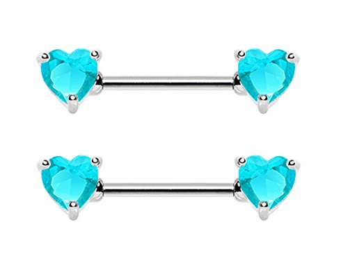 playful piercings Pair of Prong Set Heart's Nipple Rings bar Barbell Shield Ring - 14g