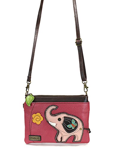 CHALA Mini Crossbody Handbag, Multi Zipper, Pu Leather, Small Shoulder Purse Adjustable Strap - Elephant - Dark Pink2