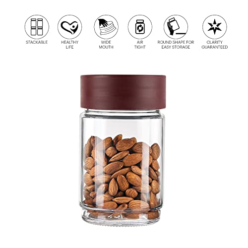 CELLO Modustack Glassy Storage Jar Set of 3 (750 ml x 3), Maroon | Glass Jar with Lid | Stackable | For Grains, Pulses, Spice, Cereals, Cookies, Dry Fruits | Fridge Storage Container