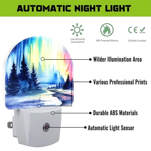 Image of Northern Lights and Forest Night Light for Kids,Winter Aurora Borealis Fir Trees Plug in Night Light with Dusk to Dawn Sensor, 0.5w Energy Saving Nightlight for Hallway Stairway Kitchen Bedroom