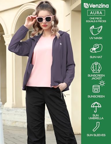 Image of Venzina UPF 150+ Sunscreen Jacket for Women, Stylish Sun Protection Jackets for Women, Cool Feel Quick Dry Sun Hoodie, Modern Fit with Removable Hat & Zip Pocket, for Driving, Camping