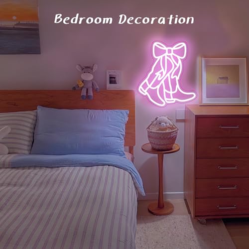 Image of Cowboy Boot Neon Sign Bow Neon Sign LED Pink Cowgirl Boots Light Signs Wall Decor Aesthetic Western Wall Art Suitable for Game Room Country Parties Bow Decor Bedroom Bar Birthday Gift(12.8 * 11.7in)