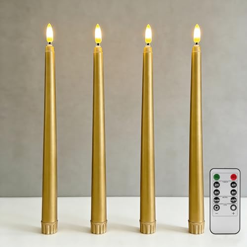 Image of Gold Flameless Taper Candles with Remote, Flickering Battery LED Candlesticks Wedding Home Decor Set of 4